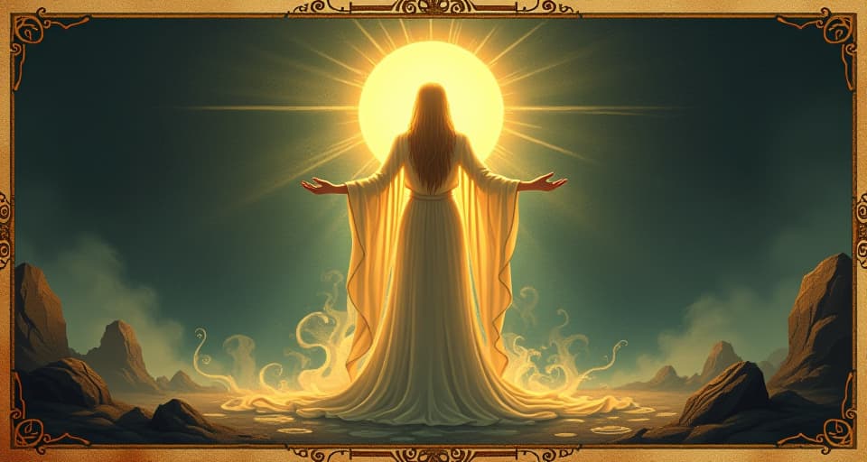  a radiant figure surrounded by ethereal light, inner glow extending outward, shaping the world, serene force. an illustration in the style of a worn, mystical old tarot trump card, mysterious and elements of surrealism. the colors are muted, somber and eerie, but with contrast bring out an occult and esoteric vibe.