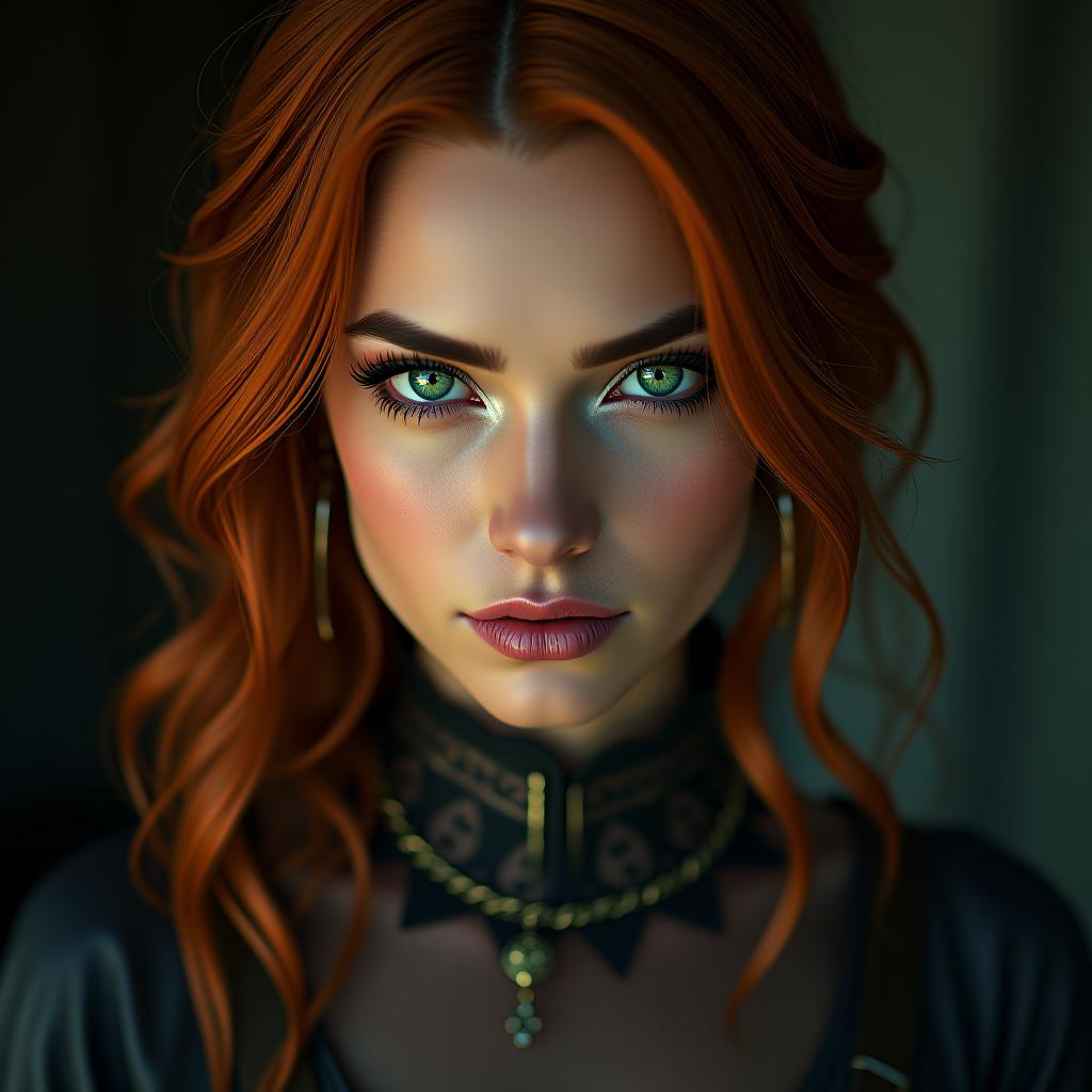  high quality portraiture capturing a bewitching lady with fierce green eyes and ethereal beauty representing the parody version of triss merigold from the witcher series. shot in soft lighting with a leica q2 and a 28mm f/1.7 lens, the focus should be on her expressive eyes and semi exposed physique. hyperrealistic, full body, detailed clothing, highly detailed, cinematic lighting, stunningly beautiful, intricate, sharp focus, f/1. 8, 85mm, (centered image composition), (professionally color graded), ((bright soft diffused light)), volumetric fog, trending on instagram, trending on tumblr, HDR 4K, 8K