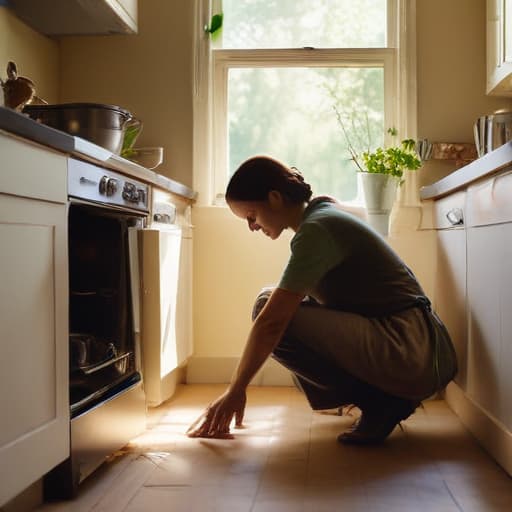 A photo of a skilled technician repairing a broken dishwasher in a cozy kitchen during the early evening with warm, golden light filtering through the window, casting long shadows across the countertops and gleaming off the polished appliances.