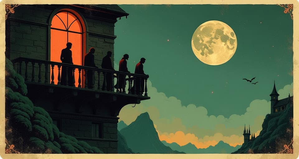  several indistinct figures on a distant balcony, focused on one bright figure below, distant observers, secondary, envious. an illustration in the style of a worn, mystical old tarot trump card, mysterious and elements of surrealism. the colors are muted, somber and eerie, but with contrast bring out an occult and esoteric vibe.