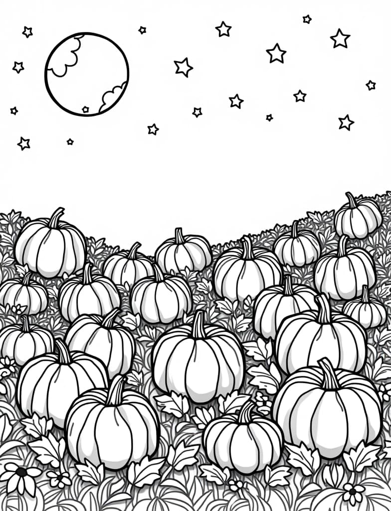  a whimsical scene of a pumpkin patch with a full moon and twinkling stars, black and white line art on a white background, for an adult coloring page.