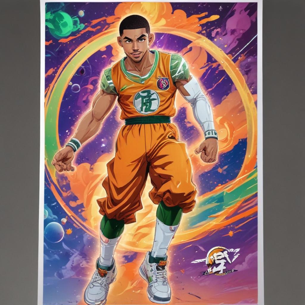 distance-shot, flashy, full-body, dynamic, holographic, animated cartoon poster of jayson tatum in the style of dragon ball super