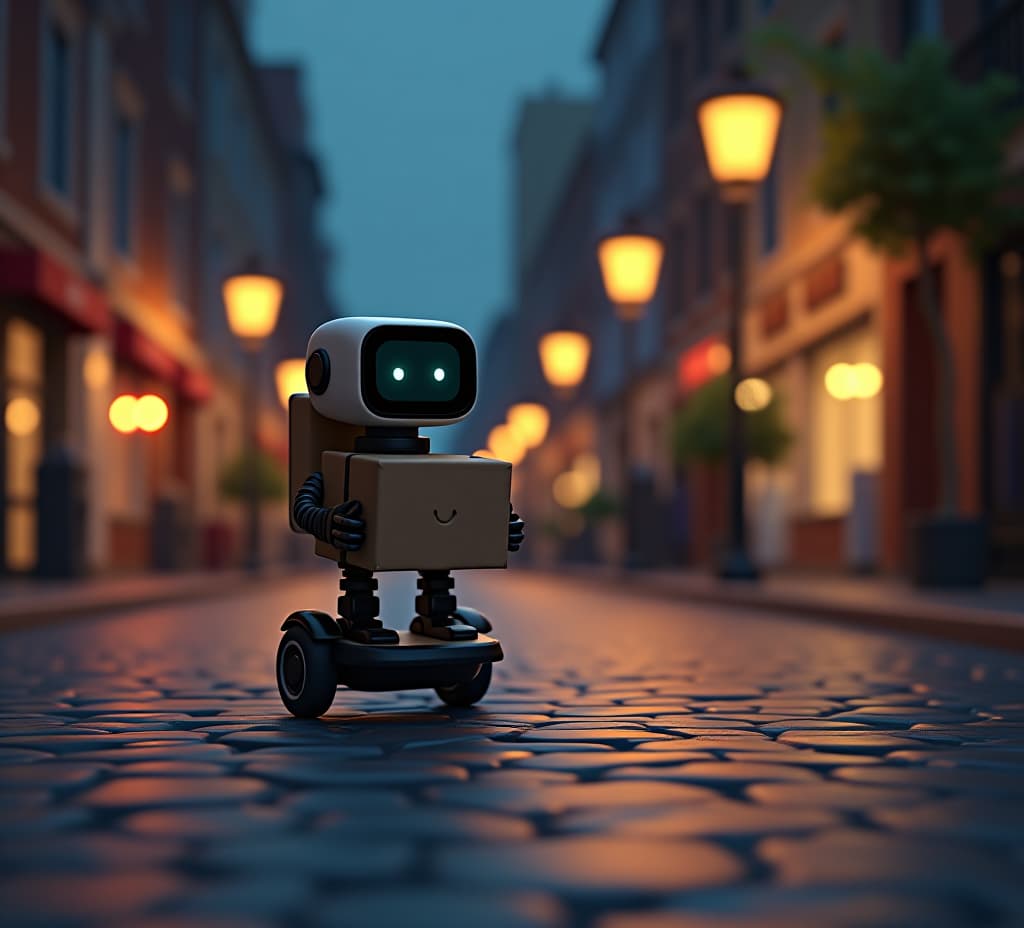  delivery robot on cobblestone street at night 3d illustration