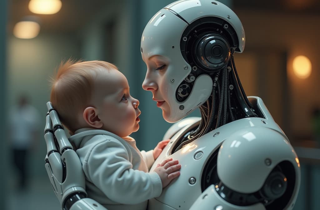  the cyborg robot holds a baby in his arms and looks at him with tenderness and care, hyperrealistic portrait, blured lights background ar 3:2, (natural skin texture), highly detailed face, depth of field, hyperrealism, soft light, muted colors