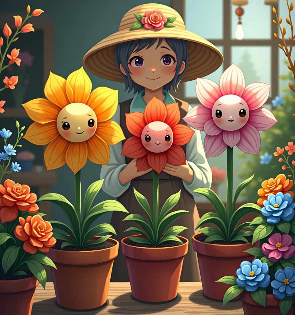  a bizarre and magical illustration (of three flowers with a humanoid face:1.4), growing in flower pots surrounded by bright flowers and plants (in the flower shop of an attractive elderly lady in a straw hat decorated with floral art:1.3), concept art by tadahiro uesugi, intricate details, fantasy elements, soft lighting.