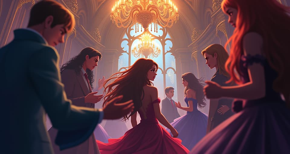  whimsical, enchanting ballroom with radiance. central focus on figures with contrasting gleams in their eyes, some with dark, sinister expressions, symbolizing hidden malice.. the style is digital art illustration,highly detailed, whimsical,magical, dreamlike atmosphere, realism and fantasy blend, smooth, glossy textures,luminous quality, wonder and enchantment.