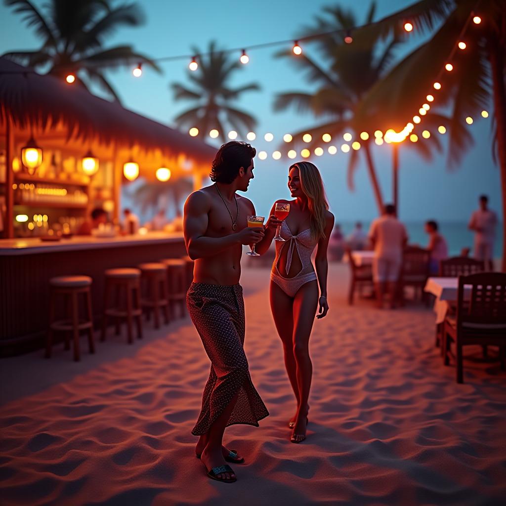  mexican bar on the beach with palms, dancing with cocktails hyperrealistic, full body, detailed clothing, highly detailed, cinematic lighting, stunningly beautiful, intricate, sharp focus, f/1. 8, 85mm, (centered image composition), (professionally color graded), ((bright soft diffused light)), volumetric fog, trending on instagram, trending on tumblr, HDR 4K, 8K