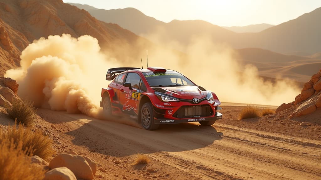  create an ultra realistic image of the wrc acropolis rally 2024 featuring ott tänak leading amidst a backdrop of extreme heat and dusty gravel tracks. showcase turbo disaster for toyota with thierry neuville, sébastien ogier, and elfyn evans grappling with technical issues. incorporate roaring rally cars, intense sunlight casting dramatic shadows, and clouds of dust enveloping the scene. capture the essence of a relentless challenge with dynamic angles, emphasizing the struggle of top drivers