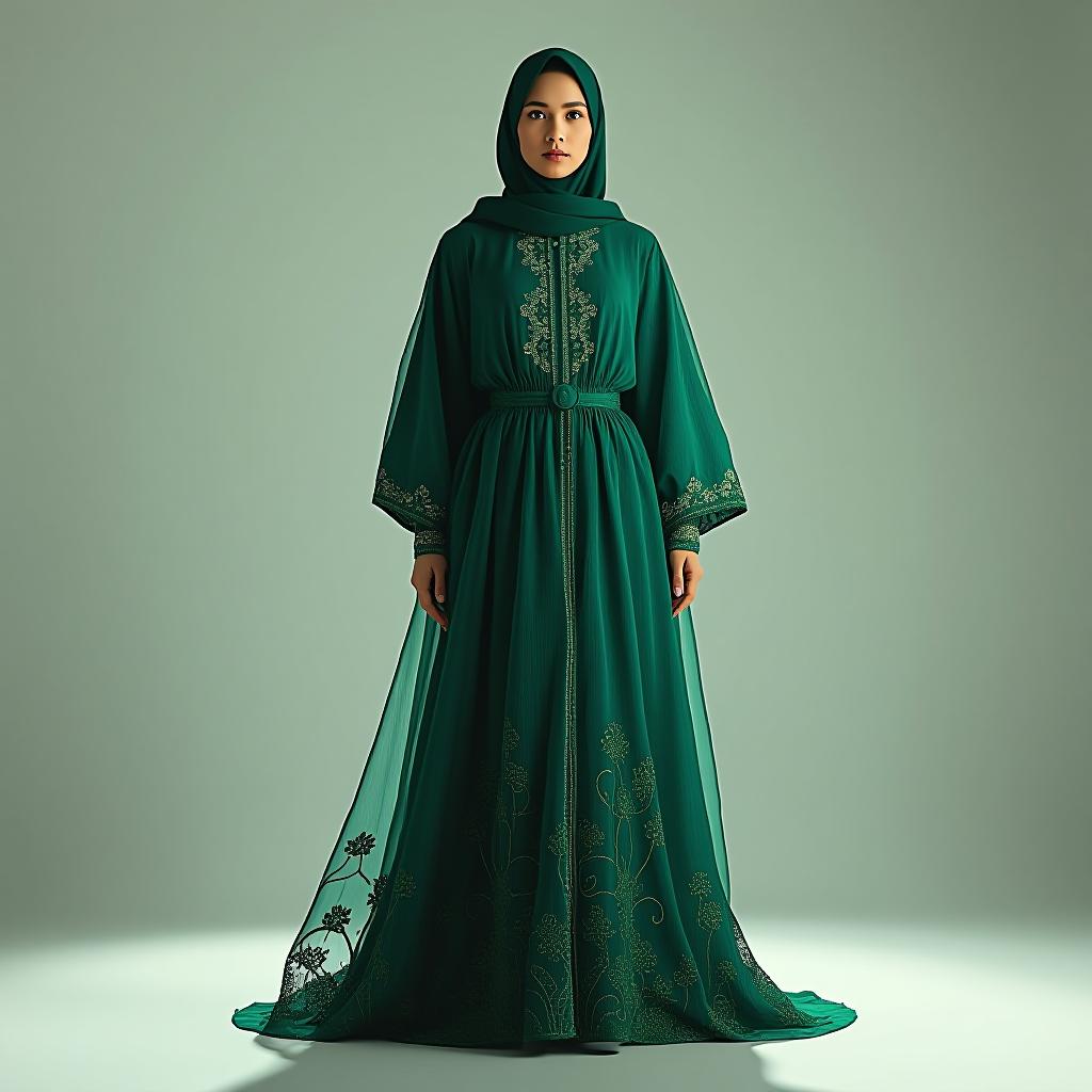  "design a full length, long sleeved abaya with a loose fit and an a line silhouette. the neckline should be a high collar with a buttoned front. use a lightweight chiffon fabric with intricate floral embroidery in deep emerald green. the sleeves should be bell shaped with elasticized cuffs, and the waist should be belted with a matching sash. accompany the abaya with a matching hijab made from the same fabric, featuring subtle embroidery along the edges."  hyperrealistic, full body, detailed clothing, highly detailed, cinematic lighting, stunningly beautiful, intricate, sharp focus, f/1. 8, 85mm, (centered image composition), (professionally color graded), ((bright soft diffused light)), volumetric fog, trending on instagram, trending on tumblr, HDR 4K, 8K