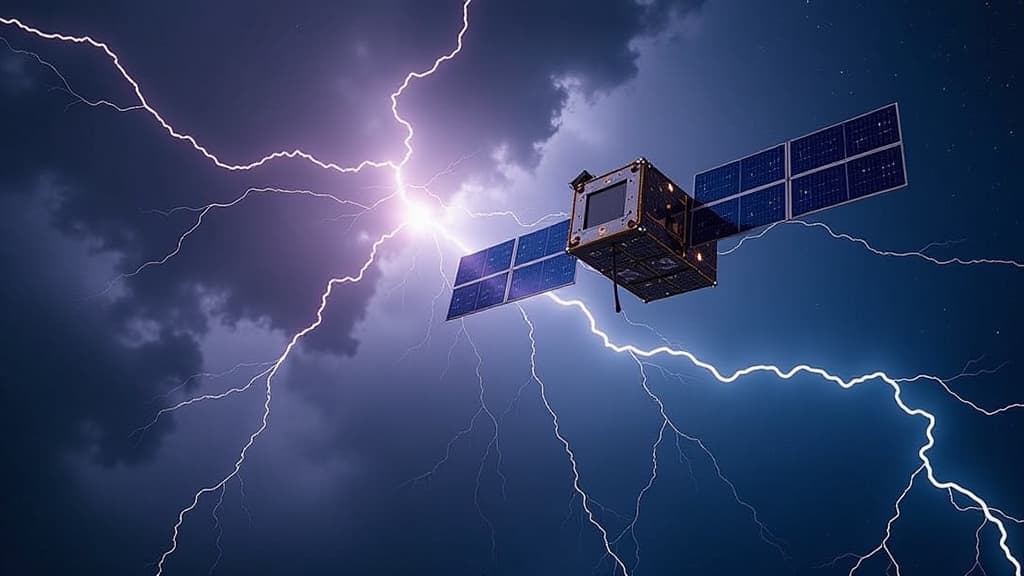  prompt: create a hyper realistic and ultra detailed image showcasing the groundbreaking technology of the lightning imager aboard the meteosat weather satellites. the composition should feature a dramatic scene of lightning discharges being detected from space, highlighting the technological masterpiece of the lightning imager. include four state of the art cameras capturing lightning activity at high speed, symbolizing continuous monitoring for precise weather predictions. incorporate elements