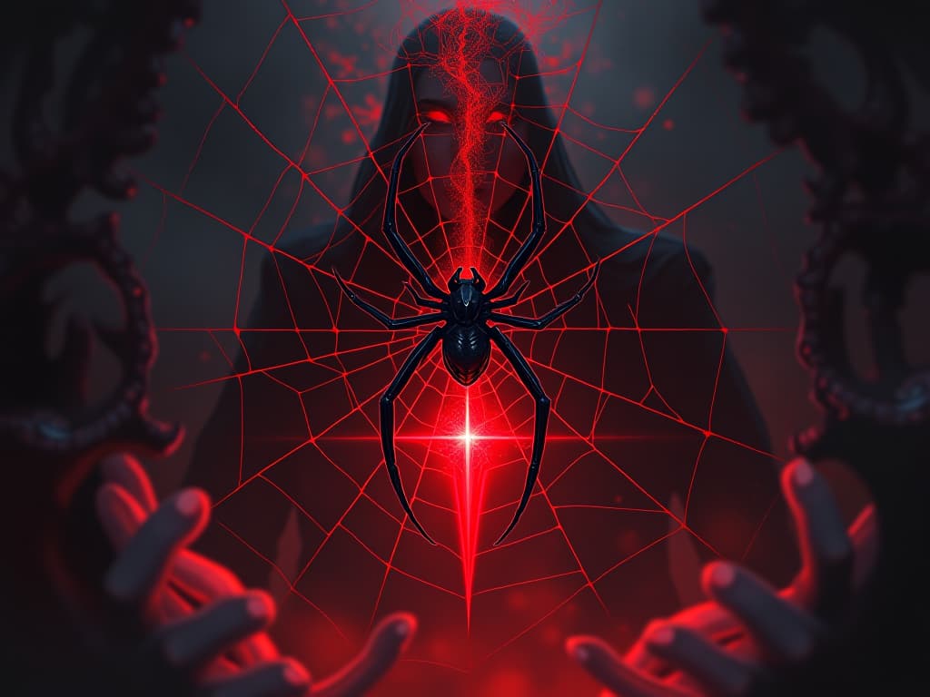  red spider web entangling a piece of glowing artifact, dark mist surrounding, a sense of entrapment. the style is digital art illustration / modern comic book / graphic dark novel fantasy and mysterious occult, symbolic, moody lighting, esoteric vibe,high detail on character design. for the color scheme emphasize blacks and reds.