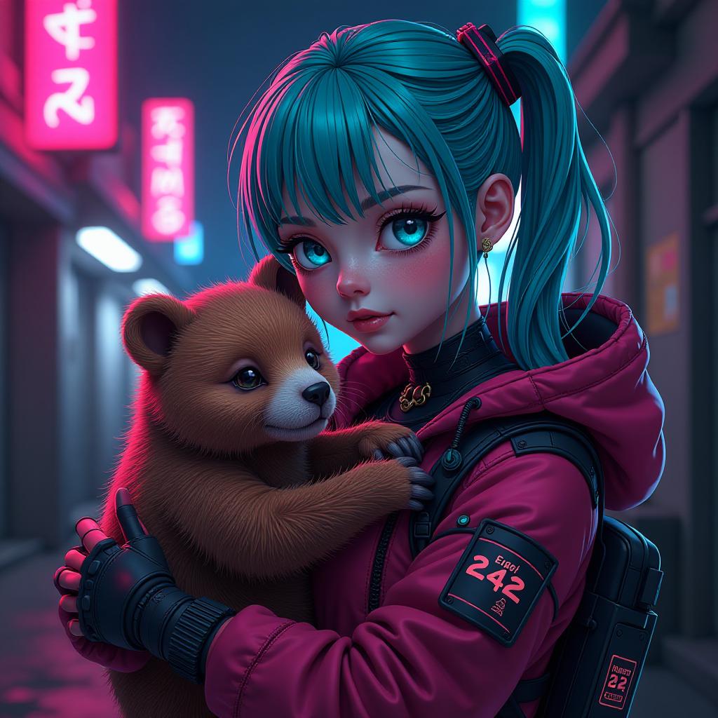  cyberpunk game style a girl with blue eyes, turquoise hair holds a capybara in her arms, the inscription welcome to 242 . neon, dystopian, futuristic, digital, vibrant, detailed, high contrast, reminiscent of cyberpunk genre video games