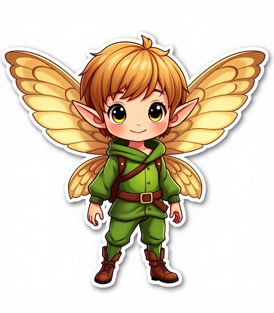  cute fairy boy in green clothes with owl wings, cartoon sticker style with clear lines on a pure white background, suitable for video games hyperrealistic, full body, detailed clothing, highly detailed, cinematic lighting, stunningly beautiful, intricate, sharp focus, f/1. 8, 85mm, (centered image composition), (professionally color graded), ((bright soft diffused light)), volumetric fog, trending on instagram, trending on tumblr, HDR 4K, 8K