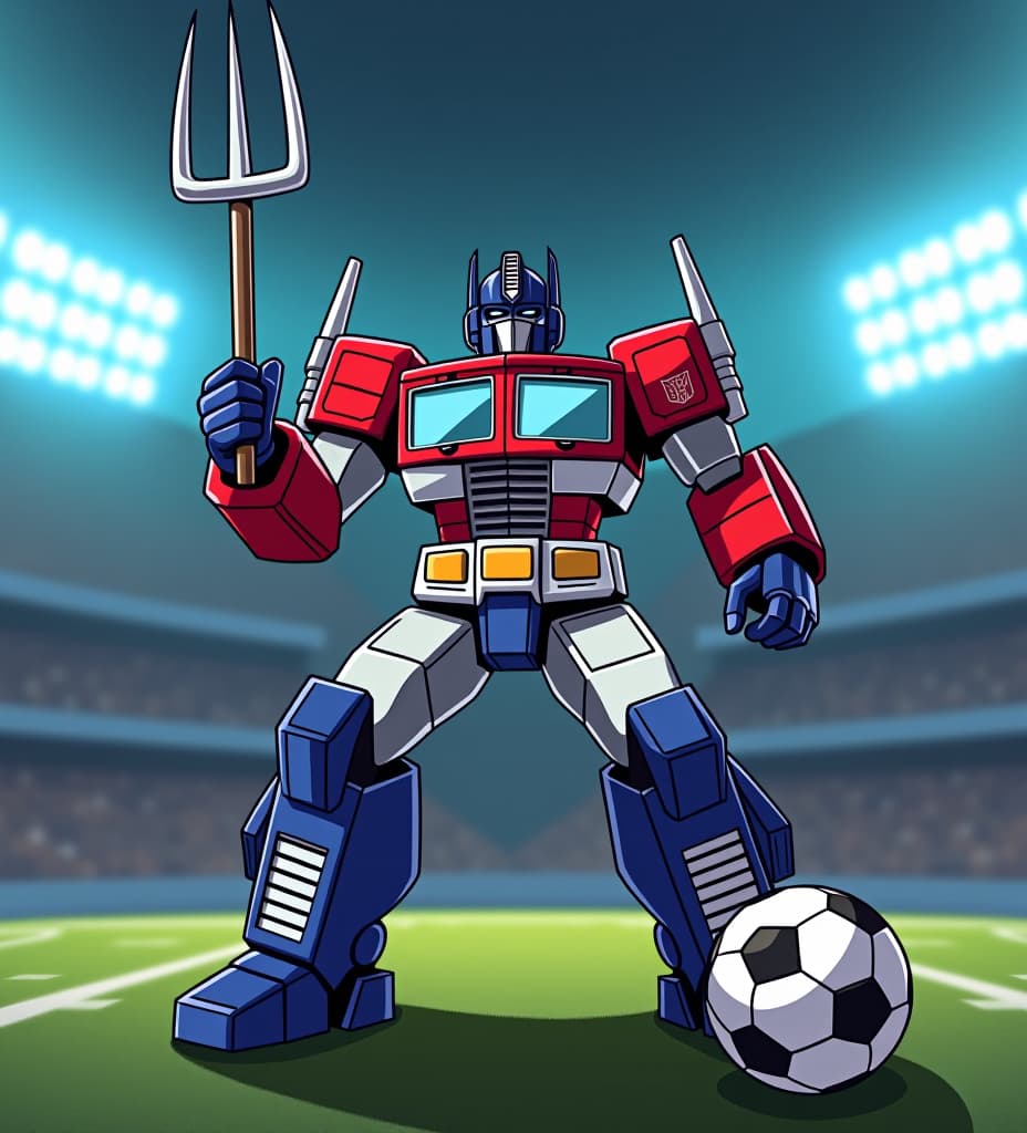  vector illustration of a doofy looking optimus prime, holding a football goal post like a pitchfork, while stomping on a football., high quality, high details, hd, perfect composition, 4k epic detailed, highly detailed, sharp focus, high resolution