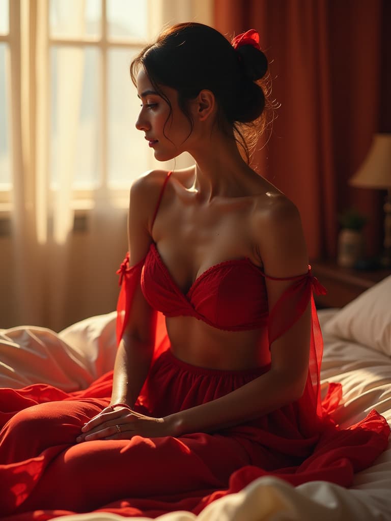  beautiful naked indian shy girl on her first wedding bed waiting for her husband, beautiful red hyperrealistic, full body, detailed clothing, highly detailed, cinematic lighting, stunningly beautiful, intricate, sharp focus, f/1. 8, 85mm, (centered image composition), (professionally color graded), ((bright soft diffused light)), volumetric fog, trending on instagram, trending on tumblr, HDR 4K, 8K