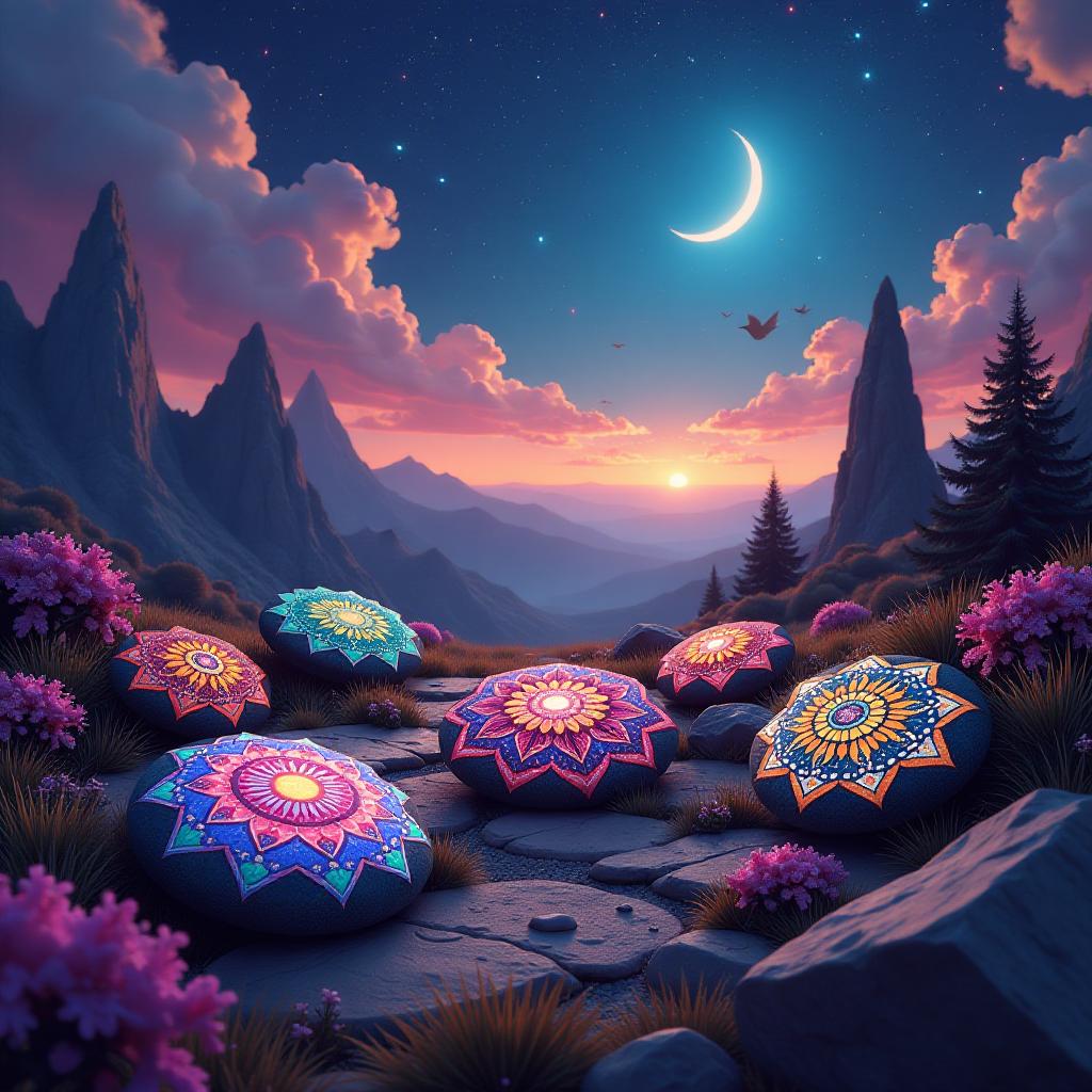  a collection of eccentric bohemian mandala stones scattered across a vibrant, dream like landscape. each stone features intricate patterns and vivid colors, glowing softly against a surreal backdrop of swirling skies and fantastical creatures. the scene exudes a whimsical, otherworldly charm with ethereal lighting and a sense of floating elements that invite viewers into a serene yet imaginative realm.