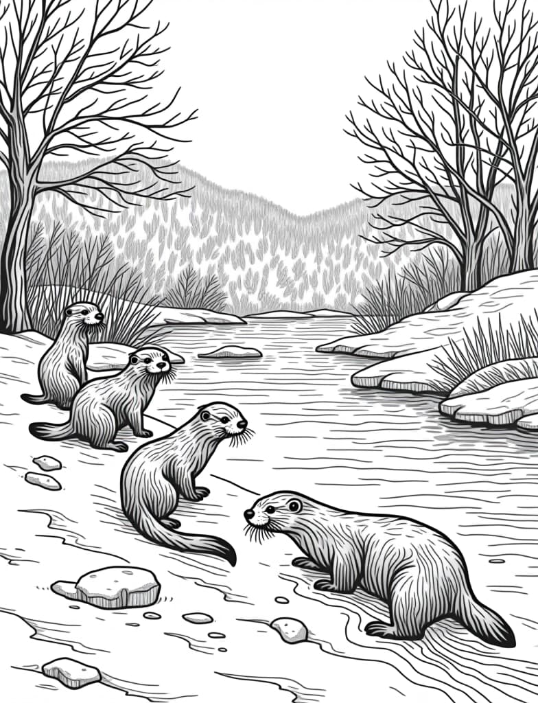  this is for an adult coloring page. a detailed black and white line art of a snowy snowy riverbank with a family of otters playing on a solid white background.