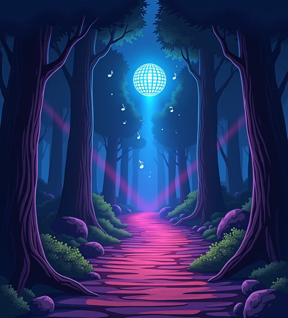  anime, anime sytle, anime image, cartoon, real cartoon, real anime, wonderer woods at night time with a rock music festival setup: musical notes floating: glowing path: disco ball