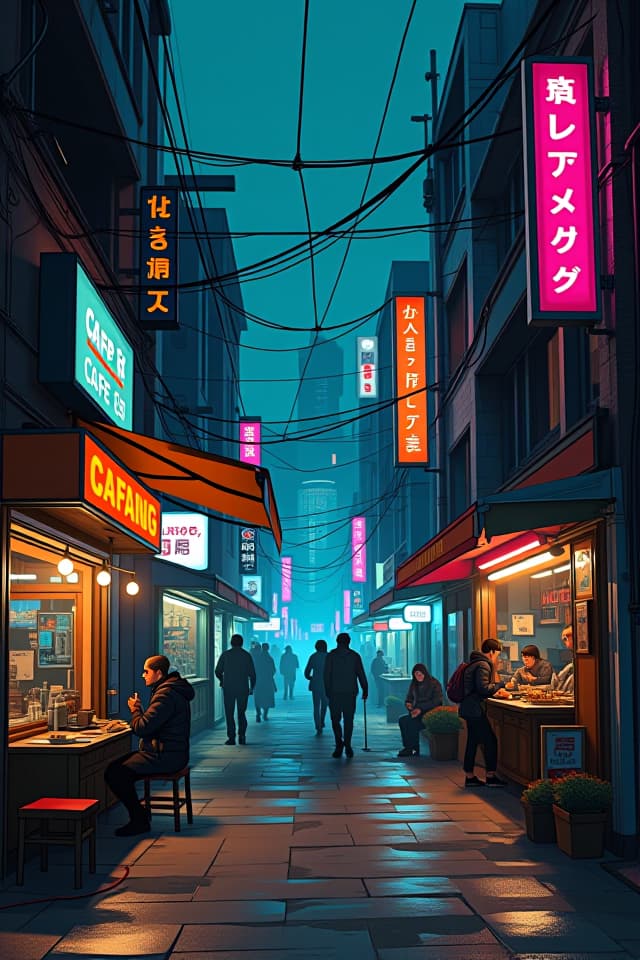  cafe and street vendors in a cyberpunk street, futuristic design, electronic artwork, manga character, techno noir, animated drawing, vintage futurism, pan futurism, dystopian cyberpunk, neon lit urban landscape, dark and gritty, high tech, graffiti, futuristic gadgets, cinematic, detailed cityscape, moody lighting, ultra detailed, urban landscape, high tech implants, augmented reality.