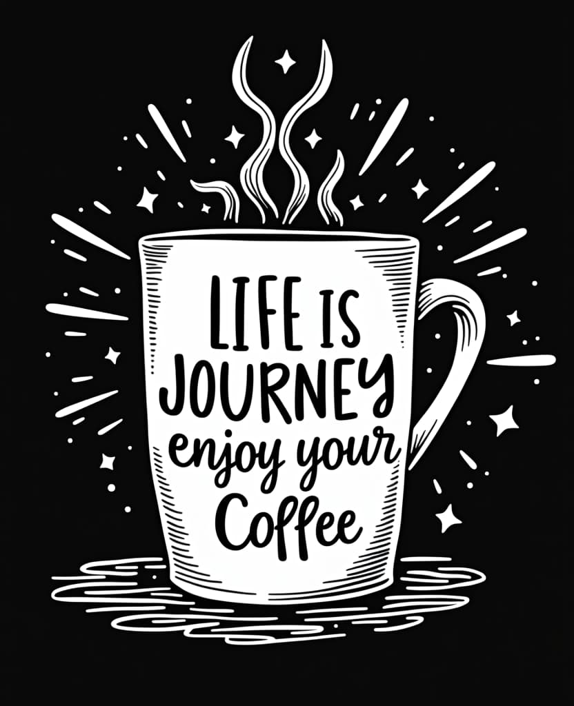  comic illustration of white coffee mug print, life is a journey enjoy your coffee, hand drawn illustration, artwork whole comic design is set on black background.