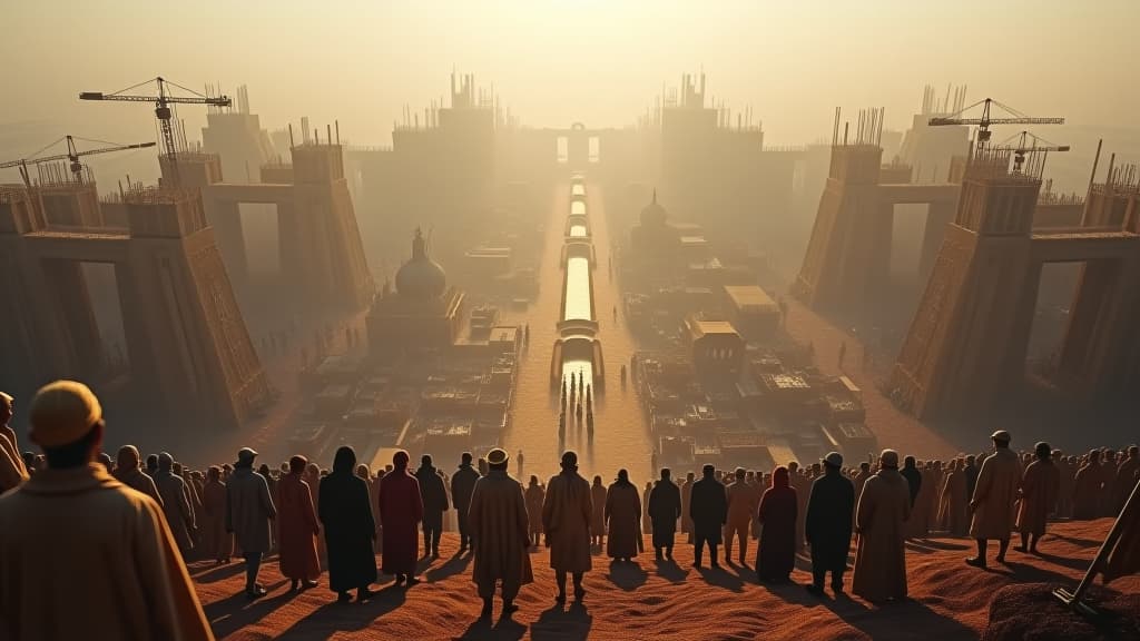  a panoramic view of the city of babel under construction, with diverse groups of people communicating in a single language, showcasing unity before the divine intervention. hyperrealistic, full body, detailed clothing, highly detailed, cinematic lighting, stunningly beautiful, intricate, sharp focus, f/1. 8, 85mm, (centered image composition), (professionally color graded), ((bright soft diffused light)), volumetric fog, trending on instagram, trending on tumblr, HDR 4K, 8K