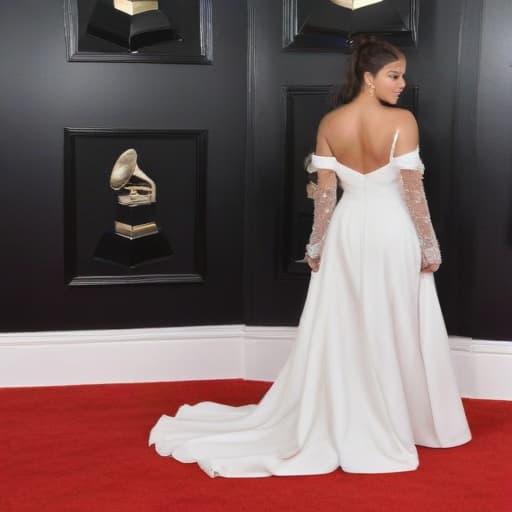 Ari Grande in a white pretty dress on the Grammy Awards carpet , Photorealistic