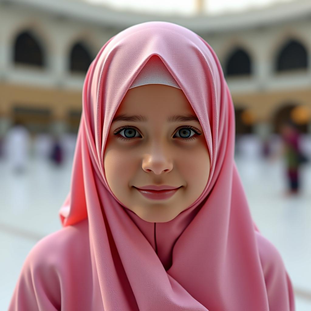  a muslim girl without a face in a pink hijab in mecca.