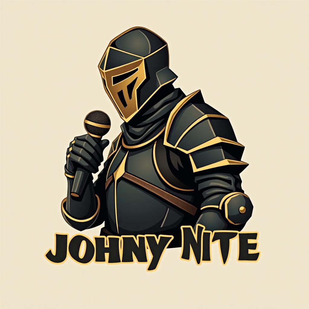  design a logo, in a origami style. knight with a mic, gold and black, with the text 'johnny nite'.