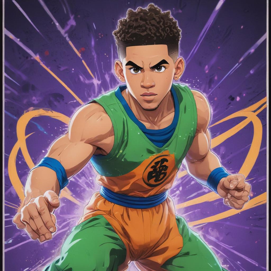 distance-shot, flashy, full-body, dynamic, holographic, animated cartoon poster of jayson tatum in the style of dragon ball super