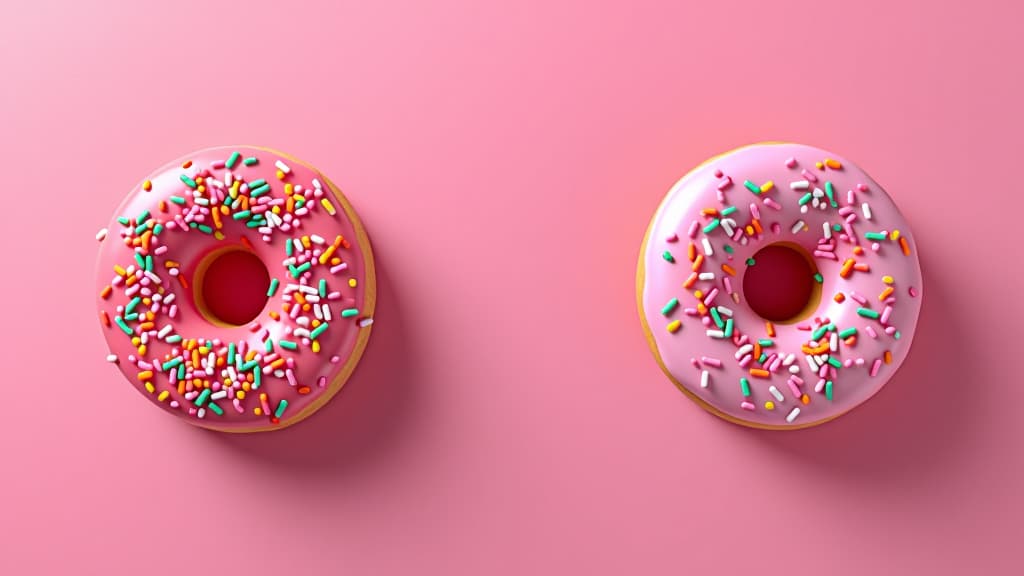  pink donuts with colorful sprinkles on pink background