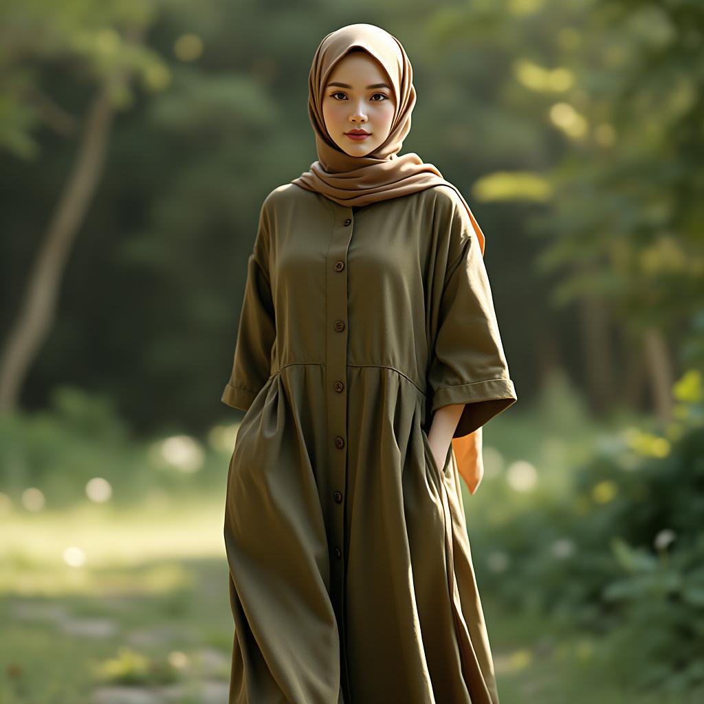  "create a modern casual hijab dress made from lightweight, breathable linen fabric in earthy tones like olive green or terracotta. the dress should be ankle length with a relaxed, loose fit and feature wide, elbow length sleeves. include a simple round neckline with a front button closure for easy wear. the dress should have a slightly flared a line silhouette, paired with a matching linen hijab for a cohesive look. add subtle pleats along the waistline for texture and style, ensuring the design is comfortable for everyday wear while keeping a modern, natural vibe."  hyperrealistic, full body, detailed clothing, highly detailed, cinematic lighting, stunningly beautiful, intricate, sharp focus, f/1. 8, 85mm, (centered image composition), (professionally color graded), ((bright soft diffused light)), volumetric fog, trending on instagram, trending on tumblr, HDR 4K, 8K