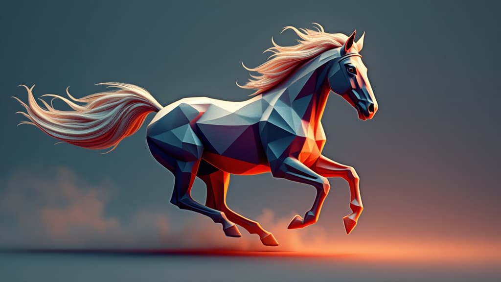  abstract polygonal horse, dynamic low poly galloping horse, high quality, high details, hd, perfect composition, 4k epic detailed, highly detailed, sharp focus, high resolution