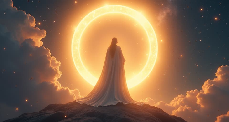  a regal figure standing in the center of a radiant, illuminated circle, surrounded by soft, ethereal light, representing unstoppable destiny. the style is digital art illustration,highly detailed, whimsical,magical, dreamlike atmosphere, realism and fantasy blend, smooth, glossy textures,luminous quality, wonder and enchantment.