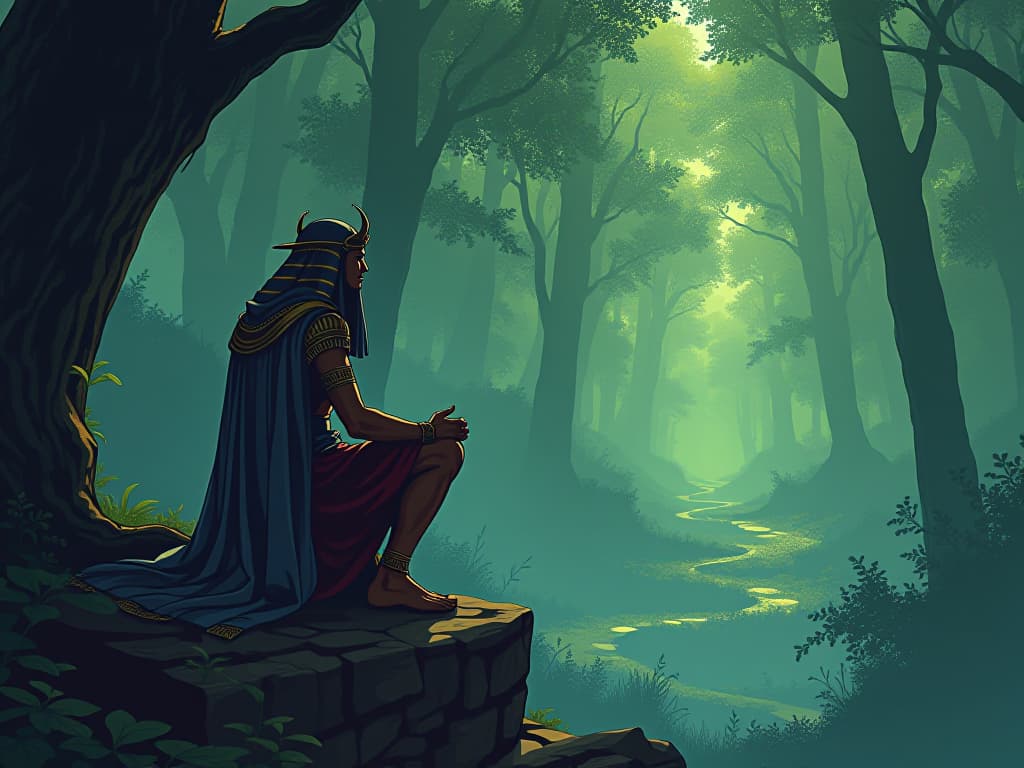  ancient philosopher seated at the edge of an ethereal forest, contemplative aura, exploring deeper meanings of isolation. the style is digital art illustration / modern comic book / mysterious occult, symbolic, esoteric vibe,high detail on character design, incorporating ancient egyptian symbology and attire.