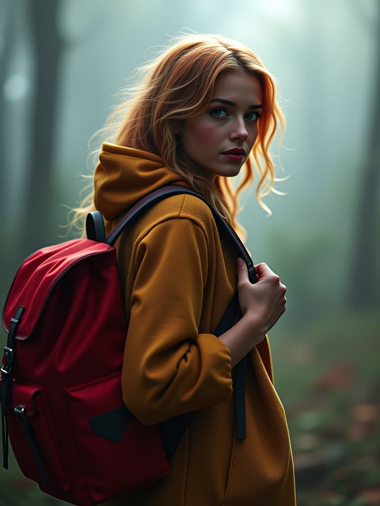  una persona rubia con mochila roja hyperrealistic, full body, detailed clothing, highly detailed, cinematic lighting, stunningly beautiful, intricate, sharp focus, f/1. 8, 85mm, (centered image composition), (professionally color graded), ((bright soft diffused light)), volumetric fog, trending on instagram, trending on tumblr, HDR 4K, 8K