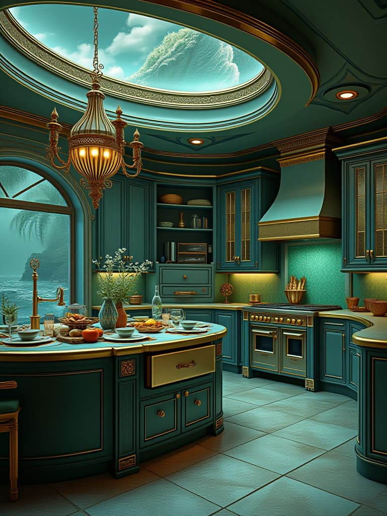  a luxurious mermaid mansion in the deep sea mermaid kitchen . the house is round and big metallic green and gold ver shiny . the kitchen is full of mermaid food . appliances are shape like mermaid tales