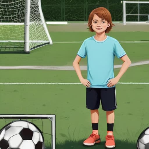 Jugendlicher mit Spielkonsole auf Fußballplatz in Cartoon style