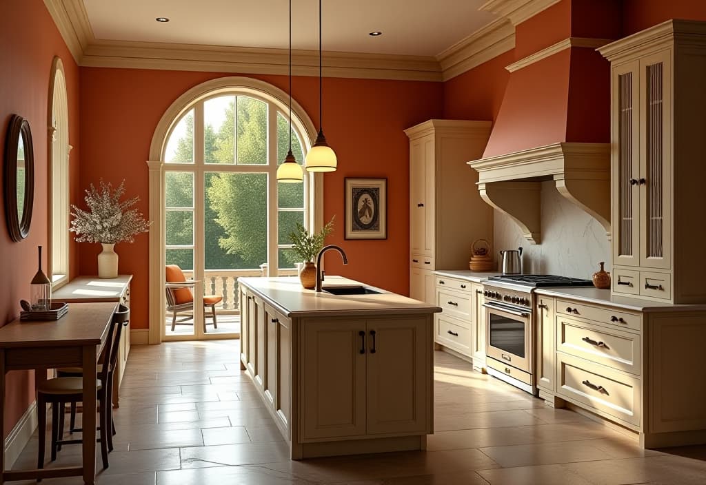  a landscape photo of an elegant kitchen featuring a warm terracotta accent wall, cream colored cabinets, and bronze fixtures, with a stone tile floor and a large arched window, viewed from the entrance hyperrealistic, full body, detailed clothing, highly detailed, cinematic lighting, stunningly beautiful, intricate, sharp focus, f/1. 8, 85mm, (centered image composition), (professionally color graded), ((bright soft diffused light)), volumetric fog, trending on instagram, trending on tumblr, HDR 4K, 8K