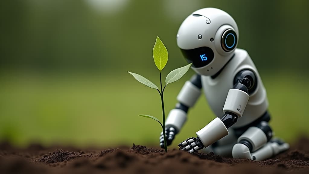  a forward looking, determined humanoid robot planting a sapling with a timer showing "5 years" above it