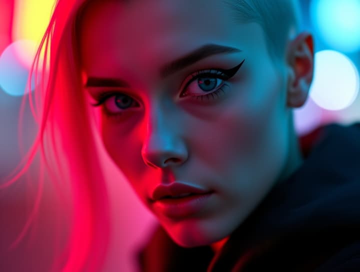  ultra realistic close up portrait ((beautiful pale cyberpunk female with heavy black eyeliner)), blue eyes, shaved side haircut, hyper detail, cinematic lighting, magic neon, dark red city, canon eos r3, nikon, f/1.4, iso 200, 1/160s, 8k, raw, unedited, symmetrical balance, in frame, 8k hyperrealistic, full body, detailed clothing, highly detailed, cinematic lighting, stunningly beautiful, intricate, sharp focus, f/1. 8, 85mm, (centered image composition), (professionally color graded), ((bright soft diffused light)), volumetric fog, trending on instagram, trending on tumblr, HDR 4K, 8K