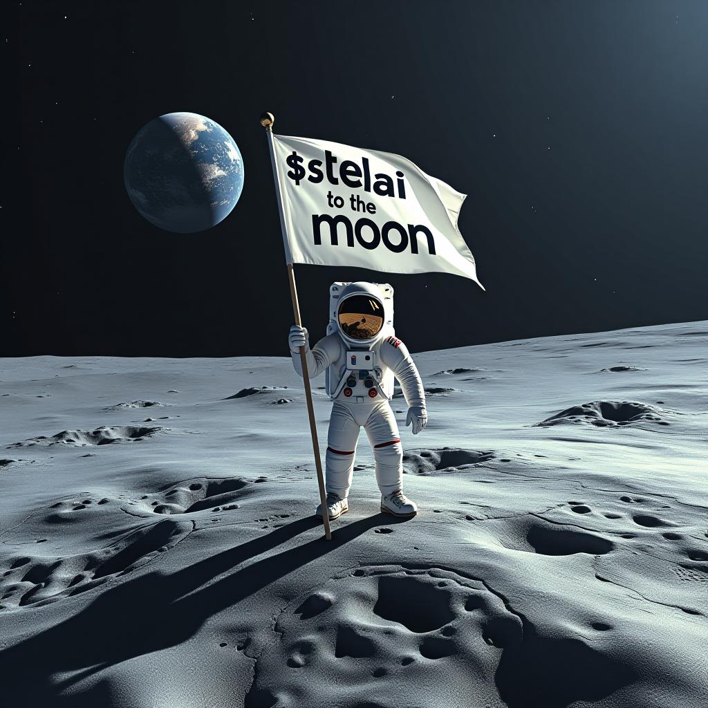  an astronaut standing on the moon's surface holding a flag. the flag is fluttering lightly as the astronaut plants it into the lunar ground. the phrase '$stelai to the moon' is clearly visible on the flag in bold, futuristic font. the background features a starry sky and a distant view of earth, with lunar dust and craters underfoot. the astronaut is in a modern spacesuit, with reflections of the moon’s surface in the visor.