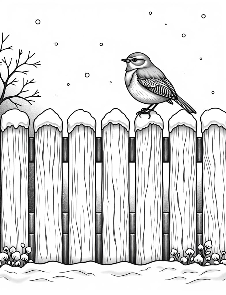  this is for an adult coloring page. a detailed black and white line art of a snowy snow covered fence with a robin perched on top on a solid white background.