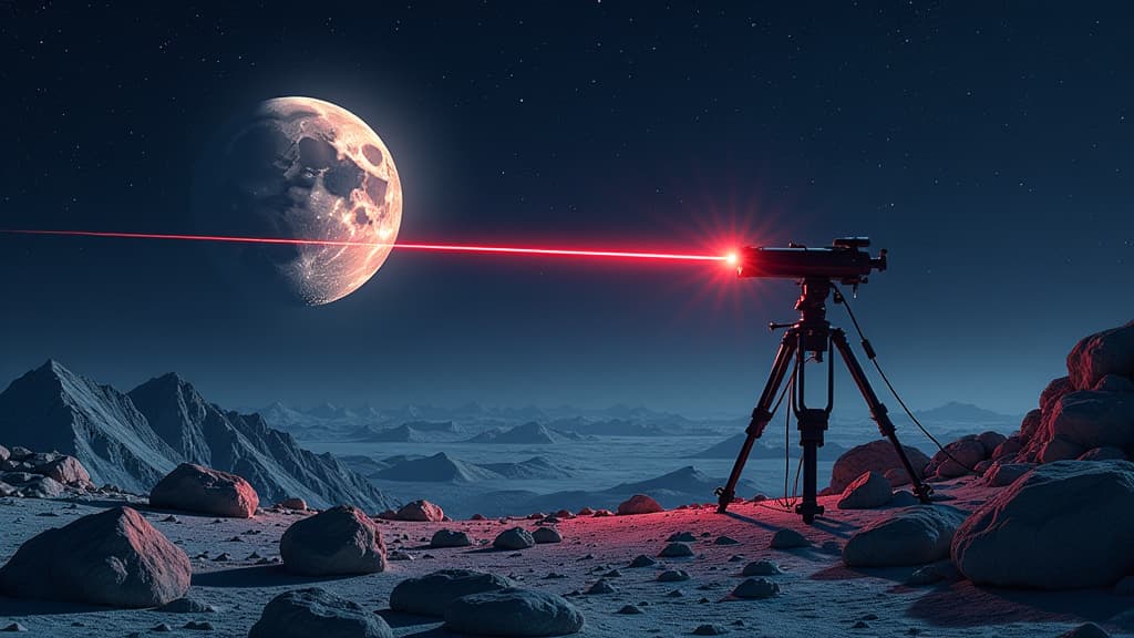  prompt: create an ultra realistic and highly detailed image depicting the confirmation of the equivalence principle in the theory of relativity using the moon. the composition should showcase a visually striking scene where a laser beam is measuring the distance to the moon, emphasizing the groundbreaking research that reaffirms the equality of gravitational, inertial, and passive mass. include intricate scientific instruments like laser measurement devices and advanced telescopes, ensuring ever