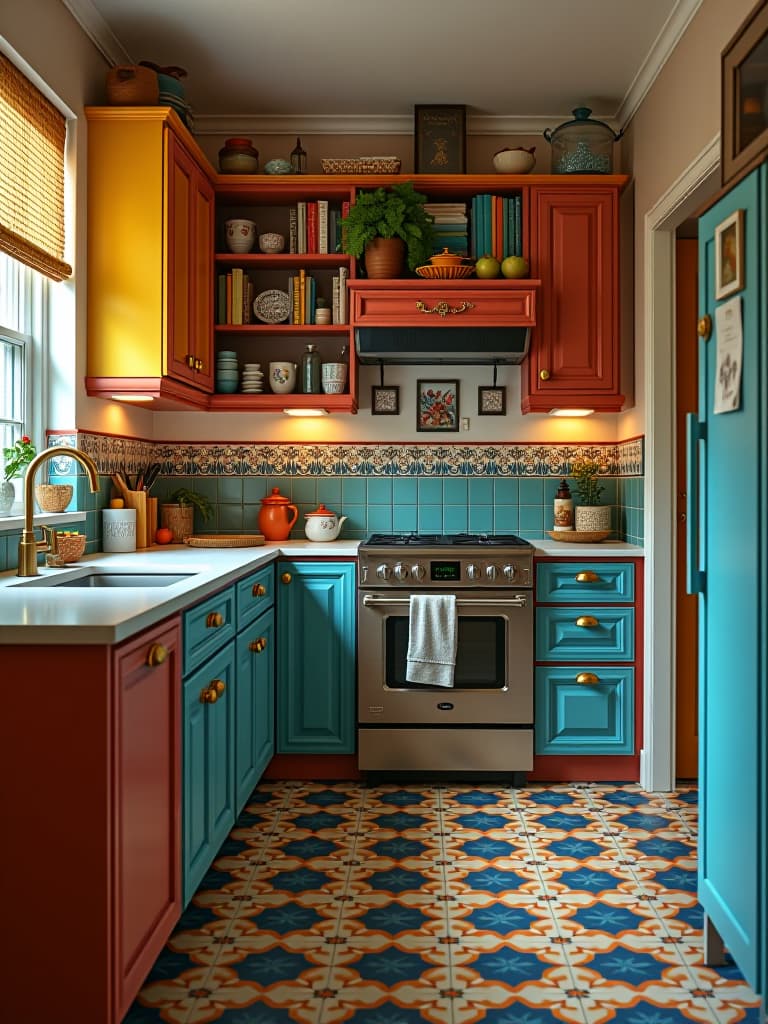  high quality portrait photo of an eclectic kitchen with colorful cabinets and a unique patchwork of encaustic cement tiles on the floor, captured from a corner to showcase the vibrant patterns hyperrealistic, full body, detailed clothing, highly detailed, cinematic lighting, stunningly beautiful, intricate, sharp focus, f/1. 8, 85mm, (centered image composition), (professionally color graded), ((bright soft diffused light)), volumetric fog, trending on instagram, trending on tumblr, HDR 4K, 8K