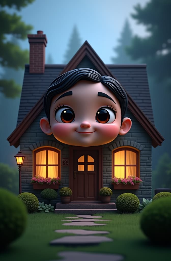  a house , disney pixar poster, pixar movie style, animated disney cartoon face, disney face, portrait, cute face, round face, cartoon character, disney character, disney animated movies, disney pixar hyperrealistic, full body, detailed clothing, highly detailed, cinematic lighting, stunningly beautiful, intricate, sharp focus, f/1. 8, 85mm, (centered image composition), (professionally color graded), ((bright soft diffused light)), volumetric fog, trending on instagram, trending on tumblr, HDR 4K, 8K