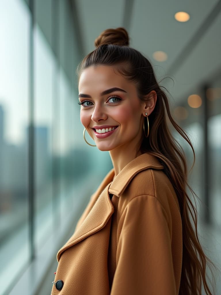  model portrait, female, modern fashion, photorealistic photo, studio lighting, sharp focus, wide angle lens, 4k, highly detailed photo, best quality, raw photo, fashion brand, runway model, glamour, high end fashion, modern architecture, city skyline, beautiful smile, sparkling eyes