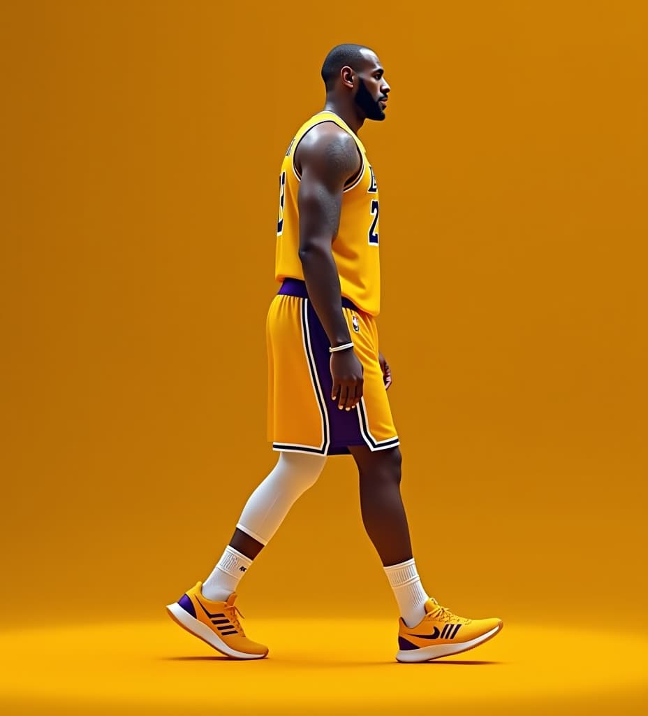  current lebron james wearing yellow lakers's jersey no. 23 walking side view like in human evolution whole body from head to shoes, high quality, high details, hd, perfect composition, 4k epic detailed, highly detailed, sharp focus, high resolution