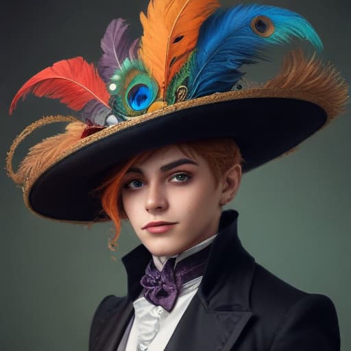 Rainbow twink man in lady wig makeup Cupid’s bow lipstick cowboy top hat and headdress tuxedo with spur whore Elizabethan collar wand parasol peacock dress, steampunk, concept art, digital painting, artstation, dynamic lighting, ultra detailed, high quality