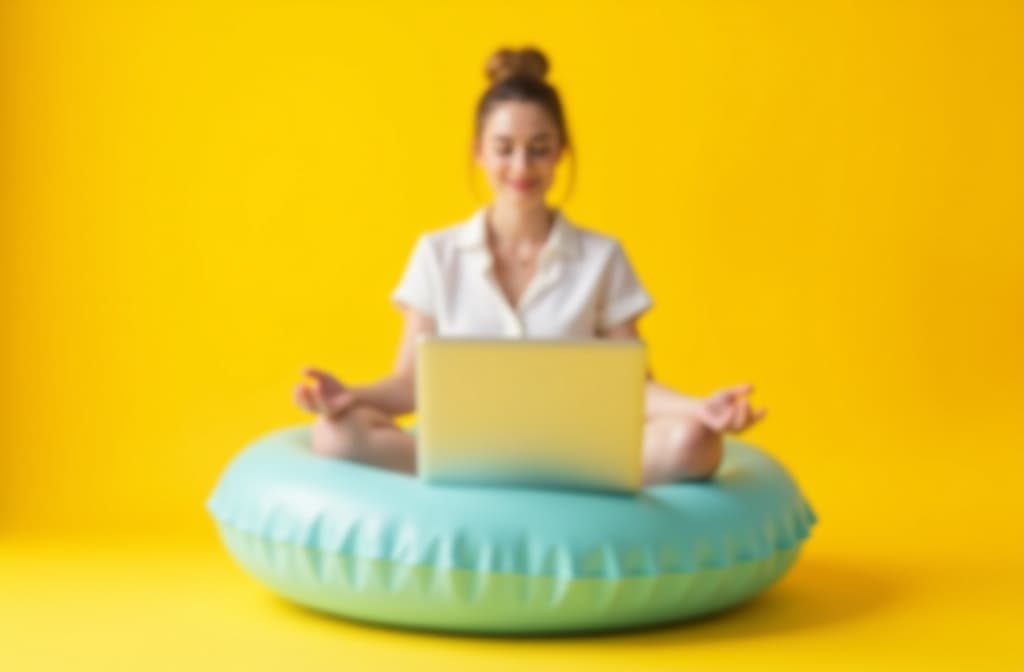  female office worker meditating on inflatable ring with laptop on yellow background. summer vacation concept ar 3:2 {prompt}, maximum details