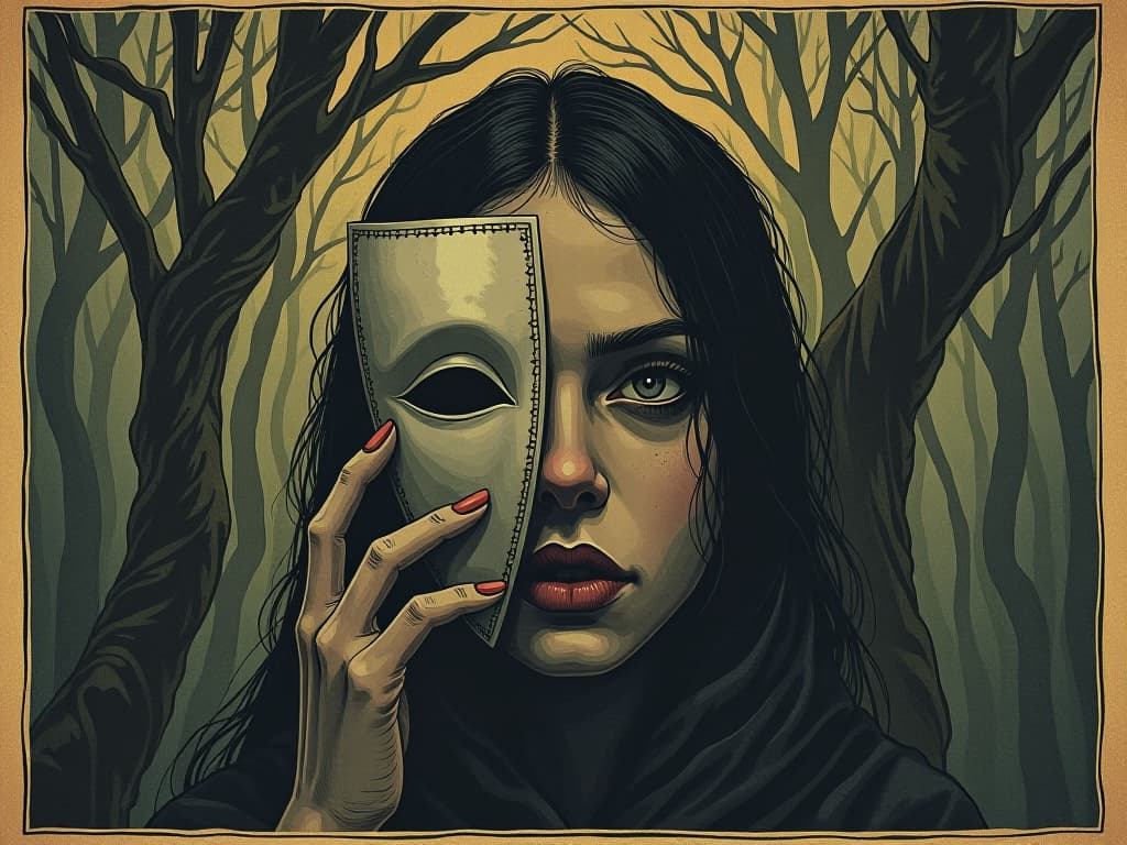  a face partially revealed as a mask is lifted, background of a twisted, eerie forest, feeling of revelation and treachery. an illustration in the style of a worn, mystical old tarot trump card, mysterious and elements of surrealism. the colors are muted, somber and eerie, but with contrast bring out an occult and esoteric vibe.